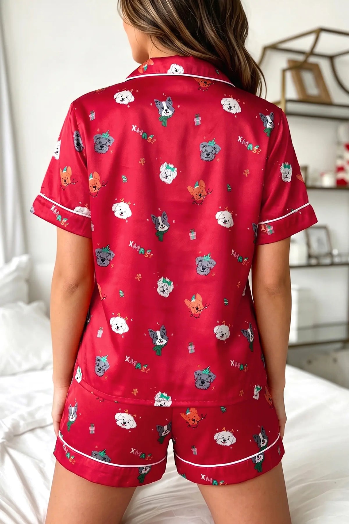 Short Sleeve Two Piece Lounge Set — Festive Dog Print