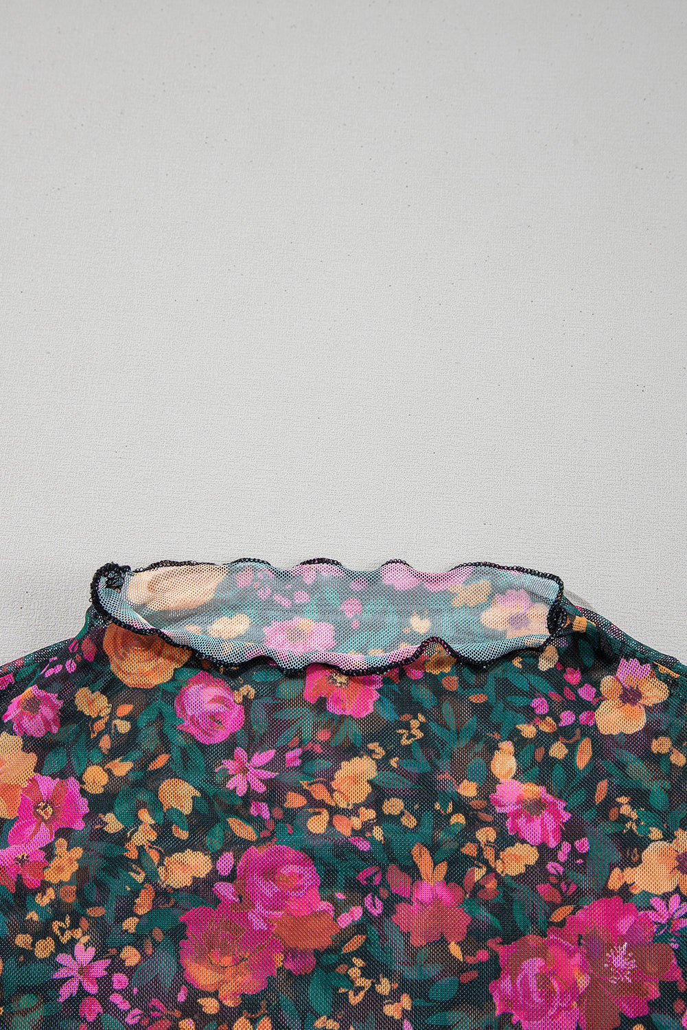 Rose Floral Print Mesh Stand Neck Short Sleeve Top eAura