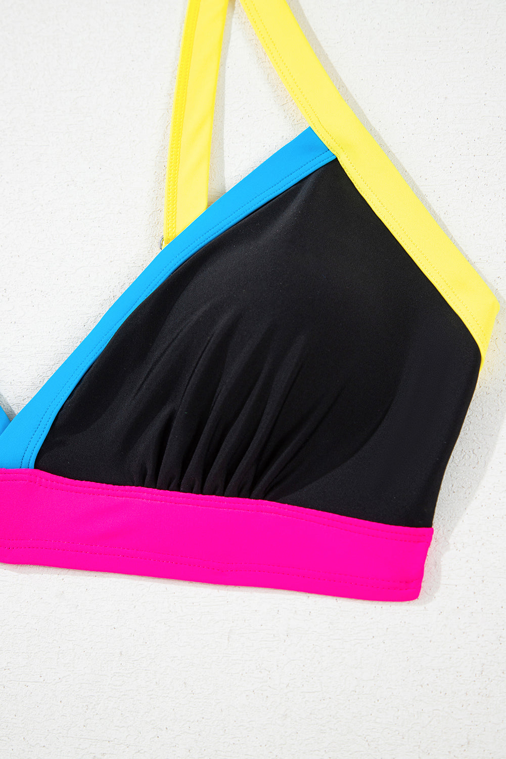 Black Colour Block Drawstring Side V Neck High Waist Bikini Set eAura