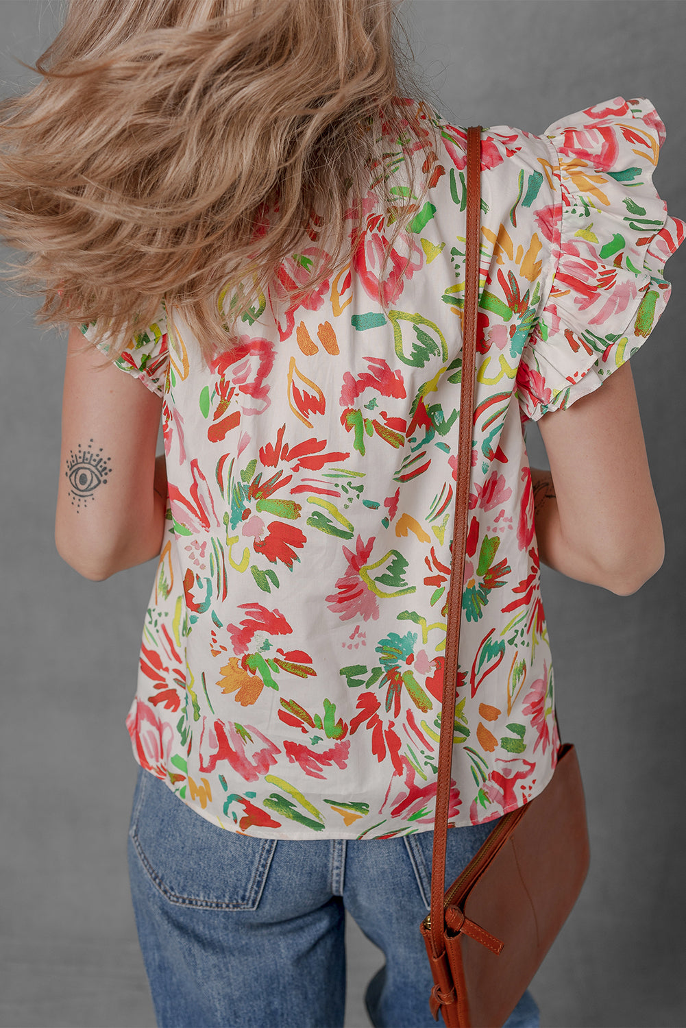 Multicolour Allover Floral Print Flutter Sleeve Split Neck Blouse eAura