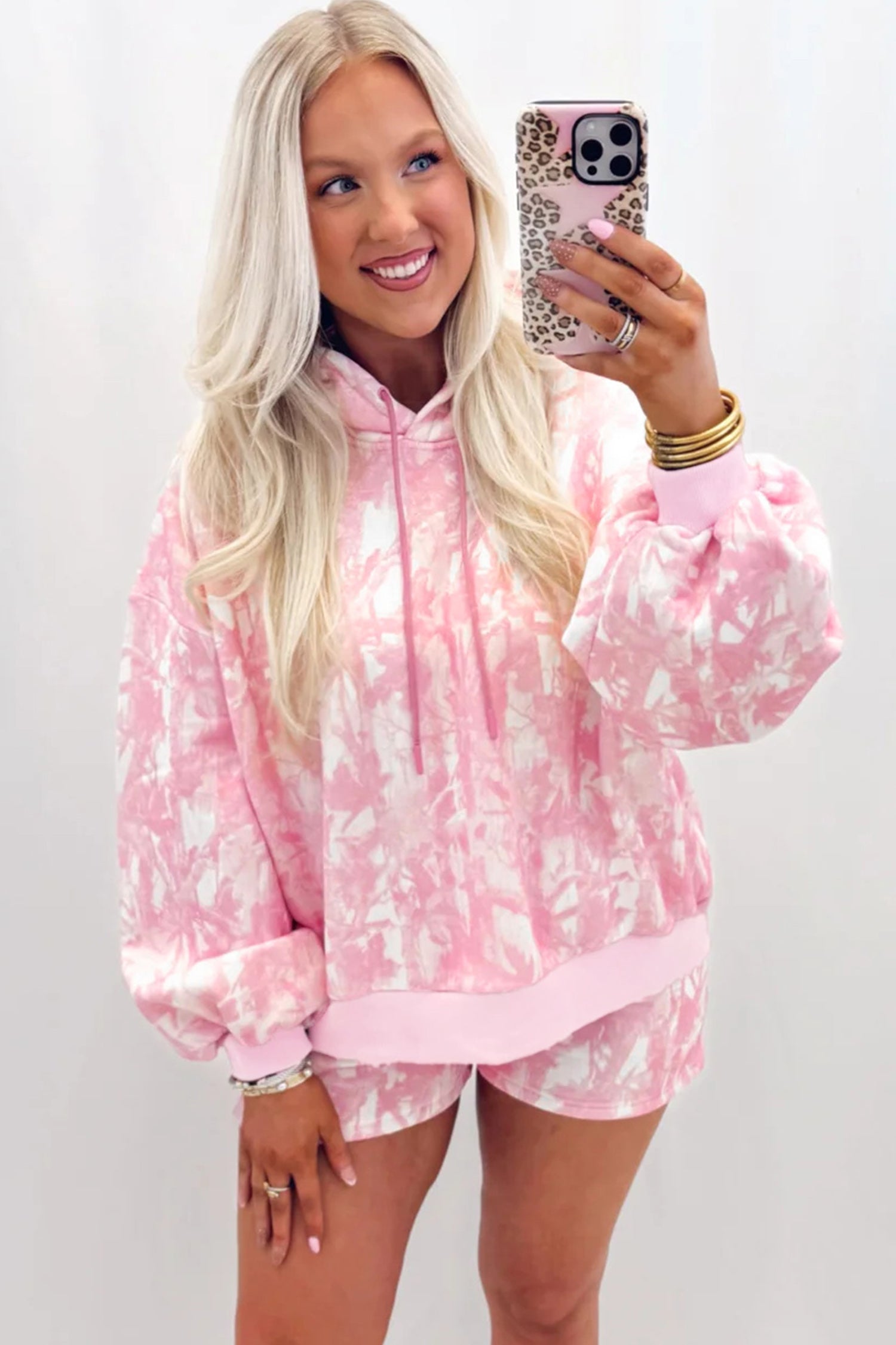 Abstract Print Loose Hoodie Slim Shorts 2pcs Set – Pink