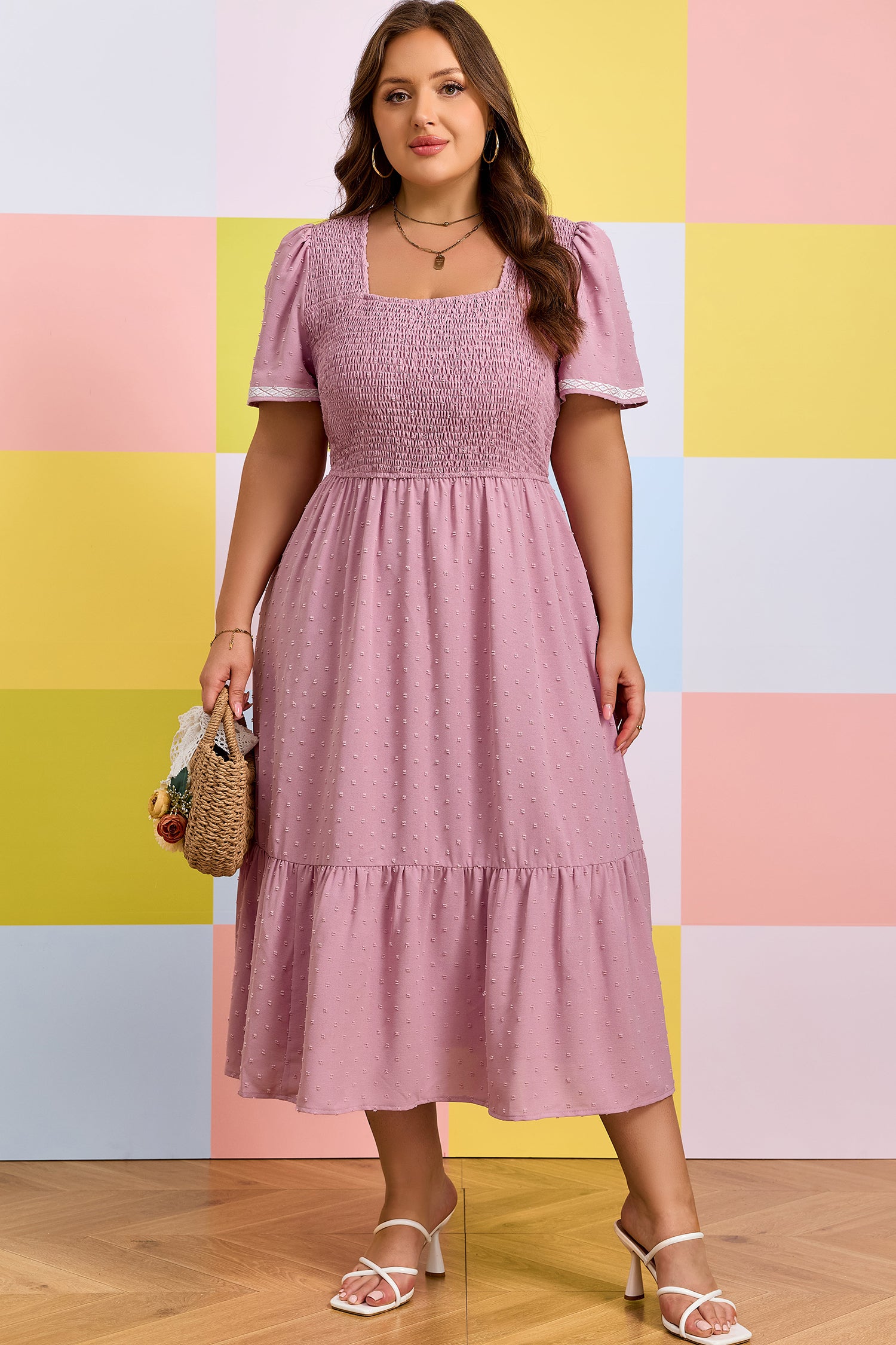 Plus Size Swiss Dot Smocked High Waist Flowy Midi Dress – Pink