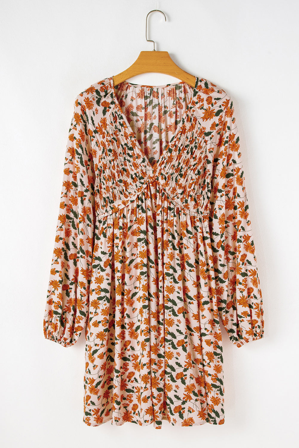 Beige Floral Deep V Neck Smocked Bust Bubble Sleeve Babydoll Dress eAura