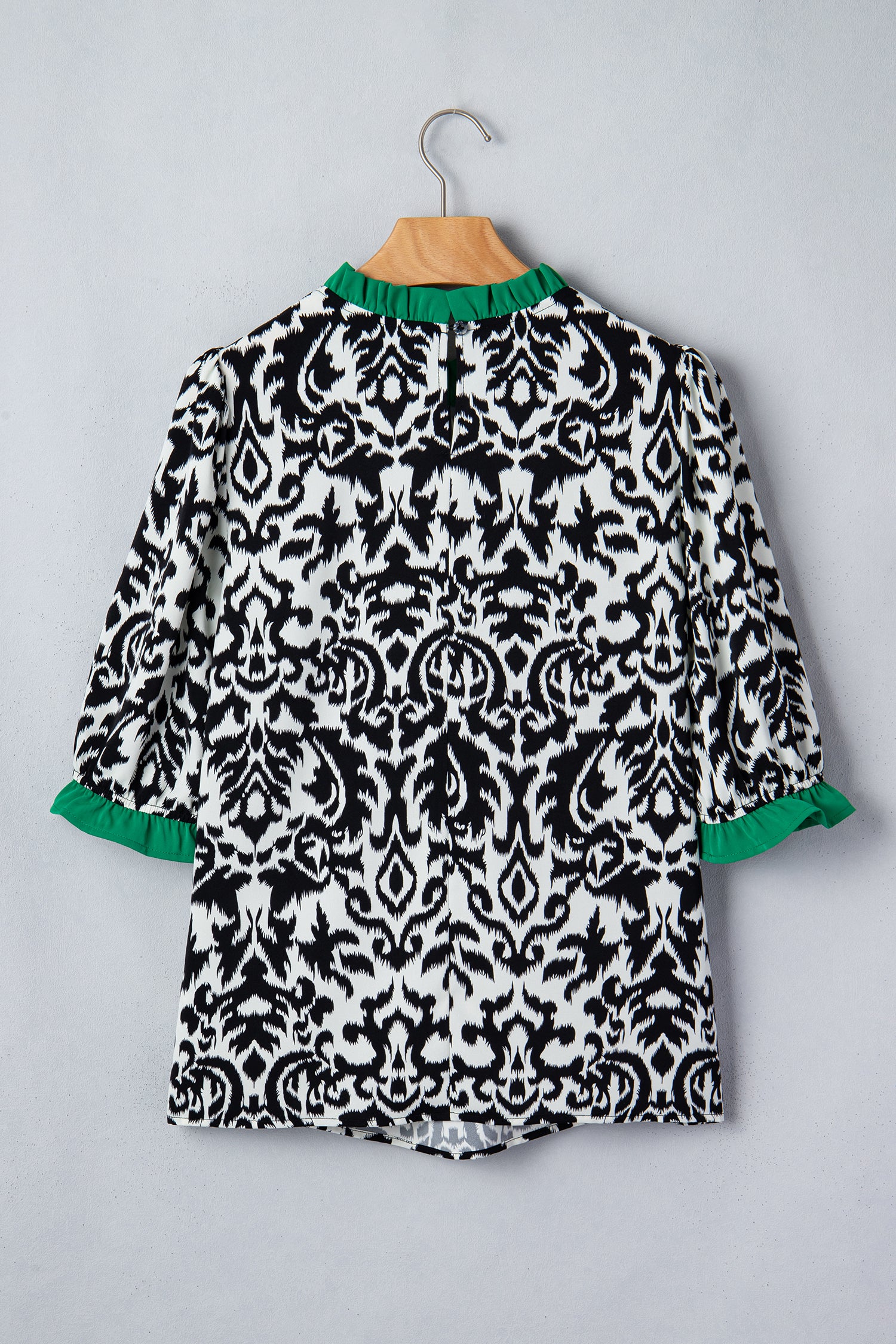 Damask Print Ruffle Colour Block Puff Sleeve Blouse