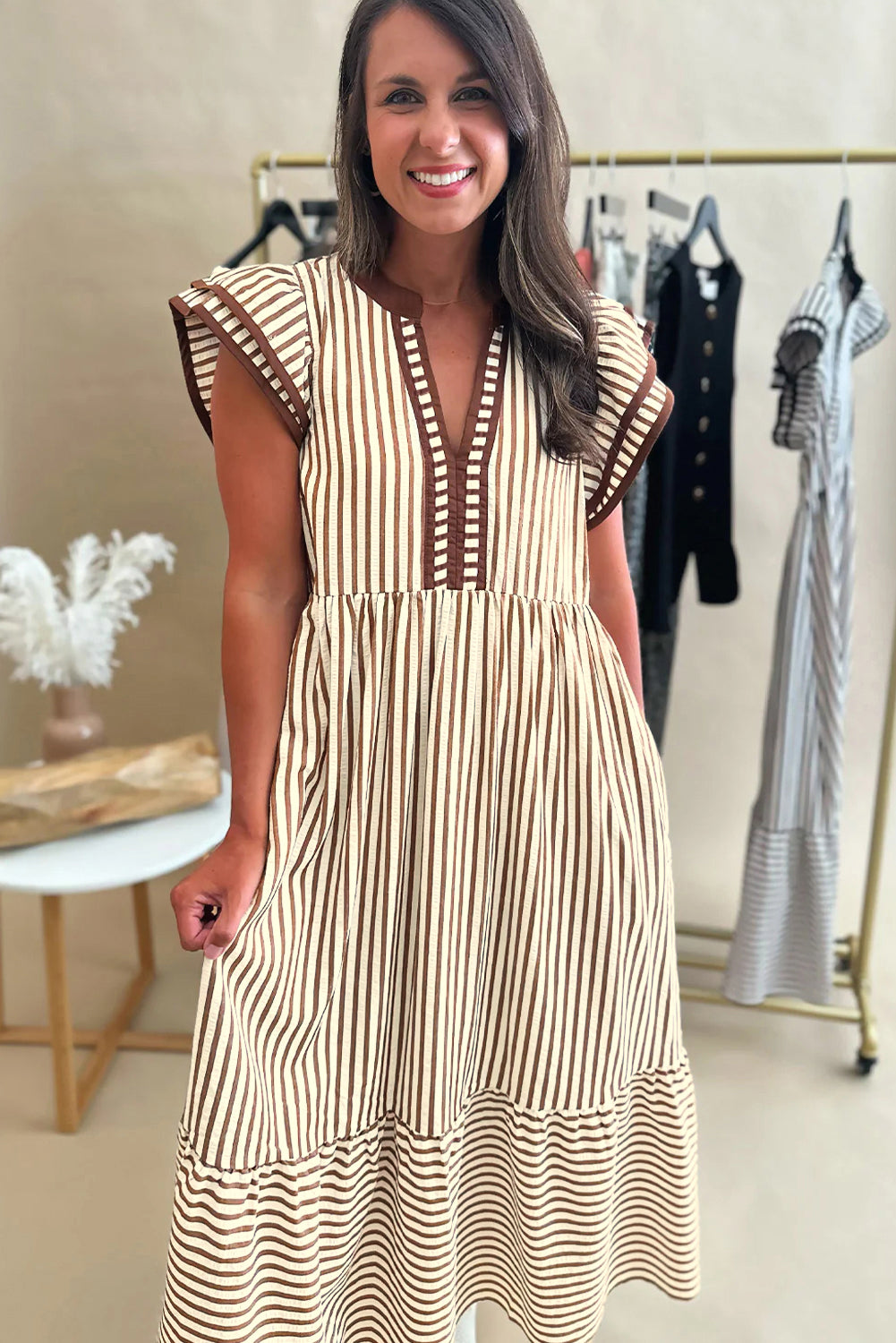Striped Double Ruffled Short Sleeve Contrast Trim V-Neck Midi Dress