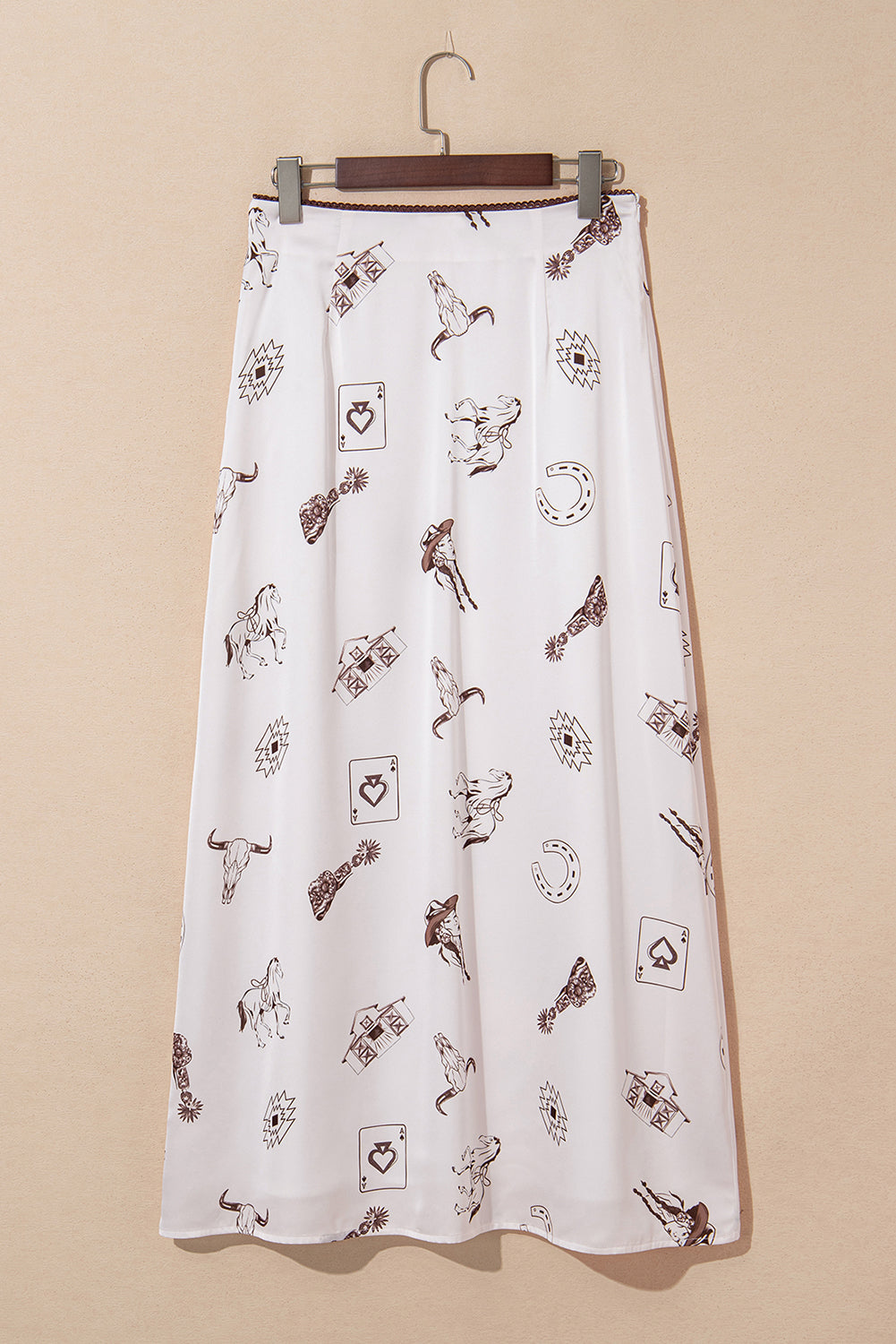 Western Print Satin Long Skirt – White