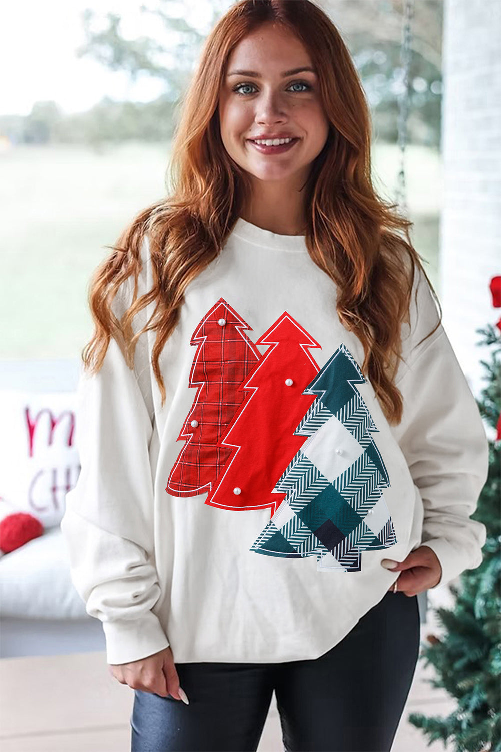 Pearl Plaid Christmas Tree Patched Drop Shoulder Sweatshirt - eAura