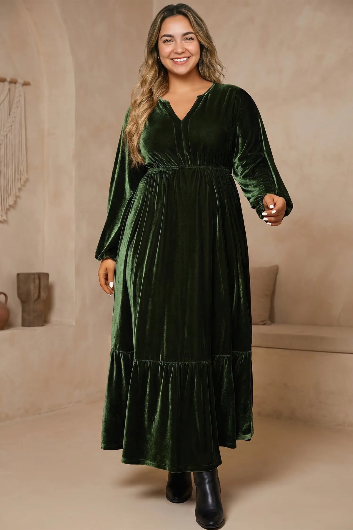 Blackish Green V Neck Long Sleeve Velvet Loose Fit Plus Size Dress