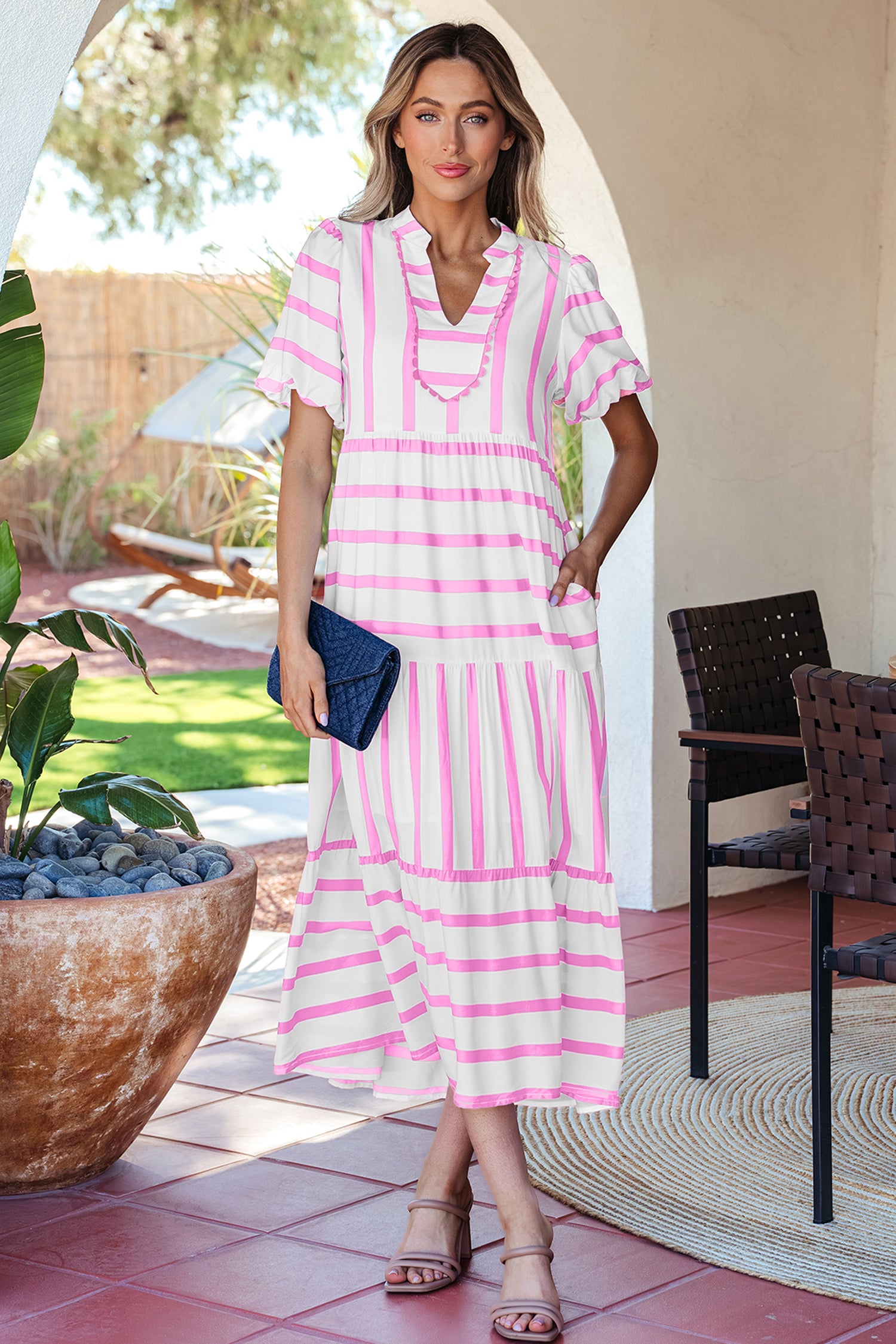 Stripe Ricrac Trim Puff Sleeve Midi Vacation Dress – Pink