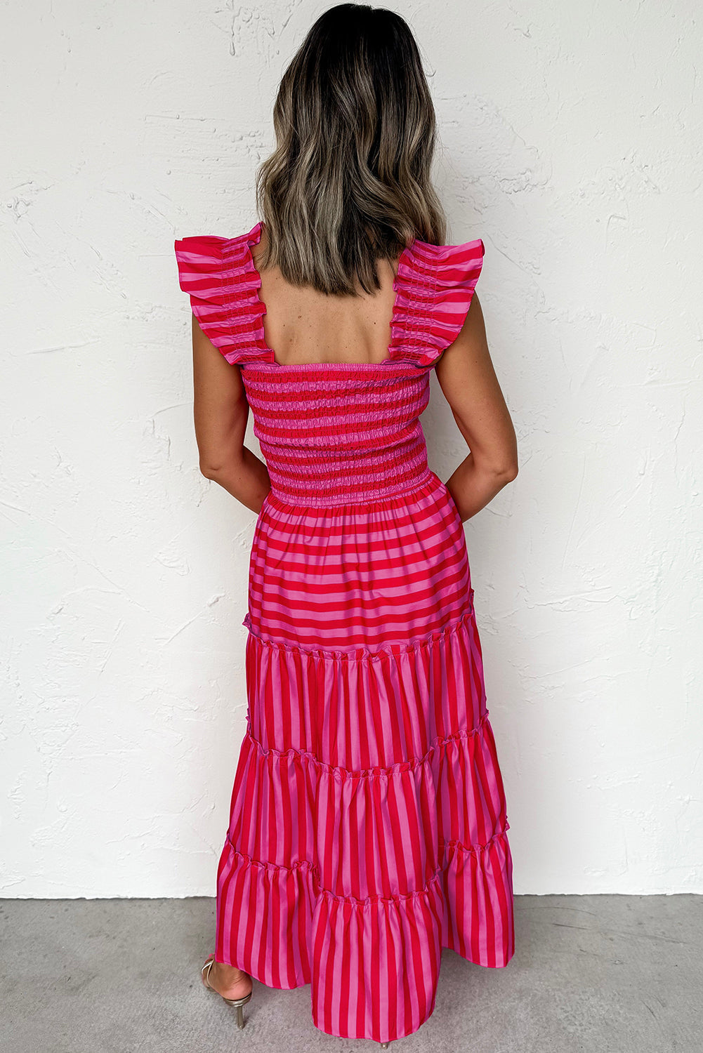 Rose Stripe Flutter Sleeve Smocked Bodice Tiered Maxi Dress eAura