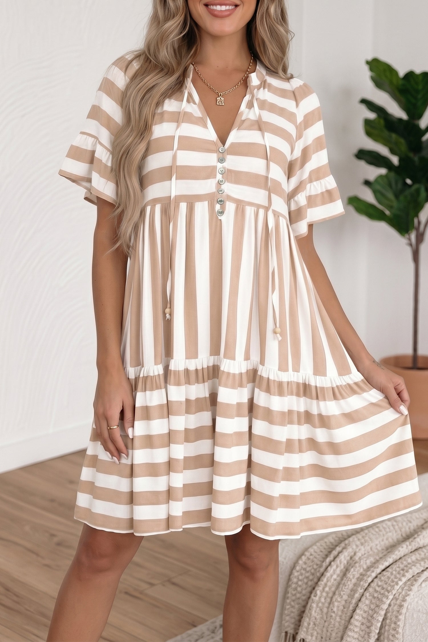 Khaki Stripe V Neck Ruffle Sleeve Flared Summer Dress
