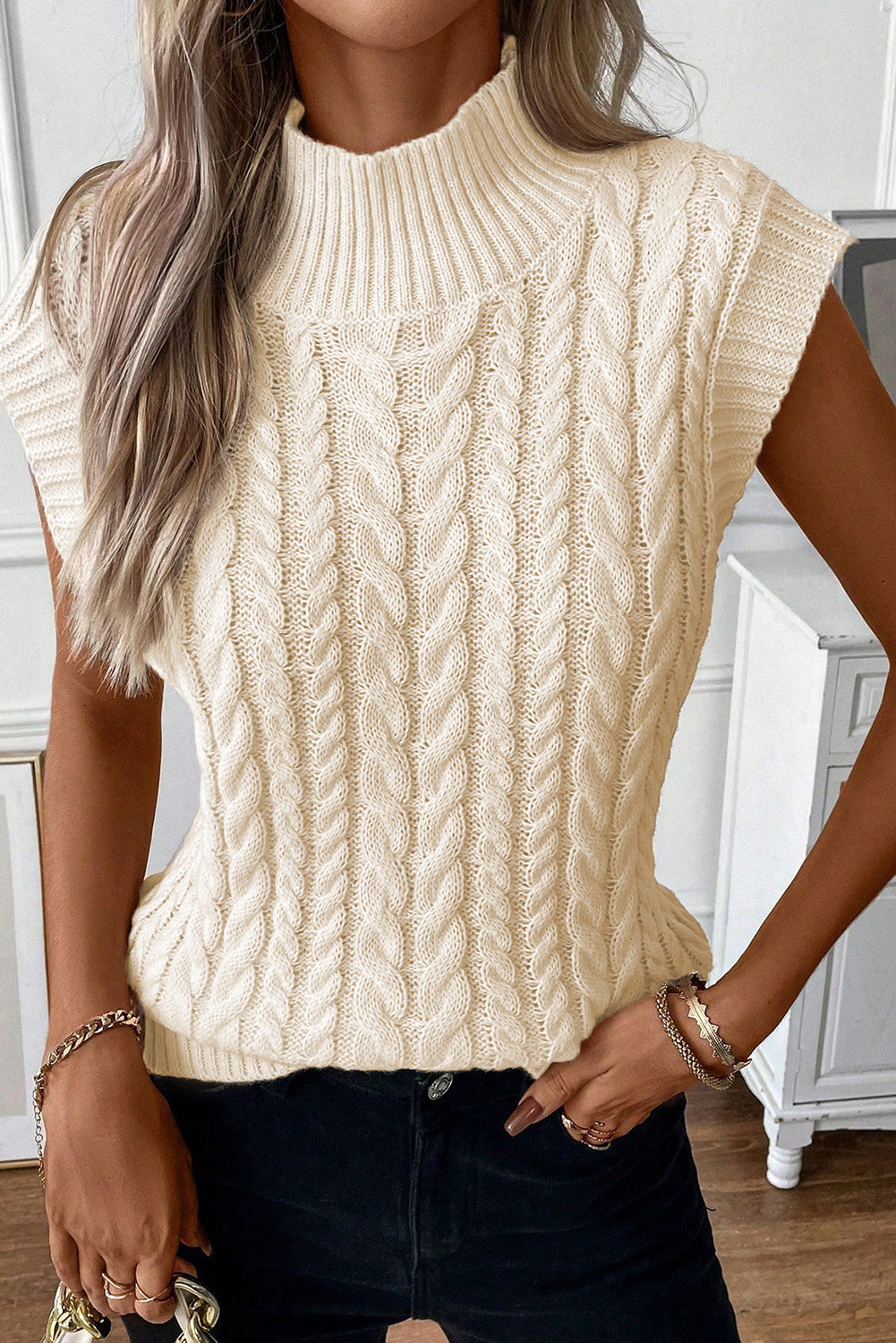 Oatmeal Cable Knit High Neck Sweater Vest eAura