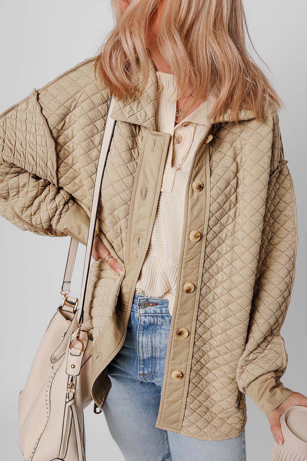 Jet Stream Solid Colour Quilted Puffer Buttoned Shacket eAura