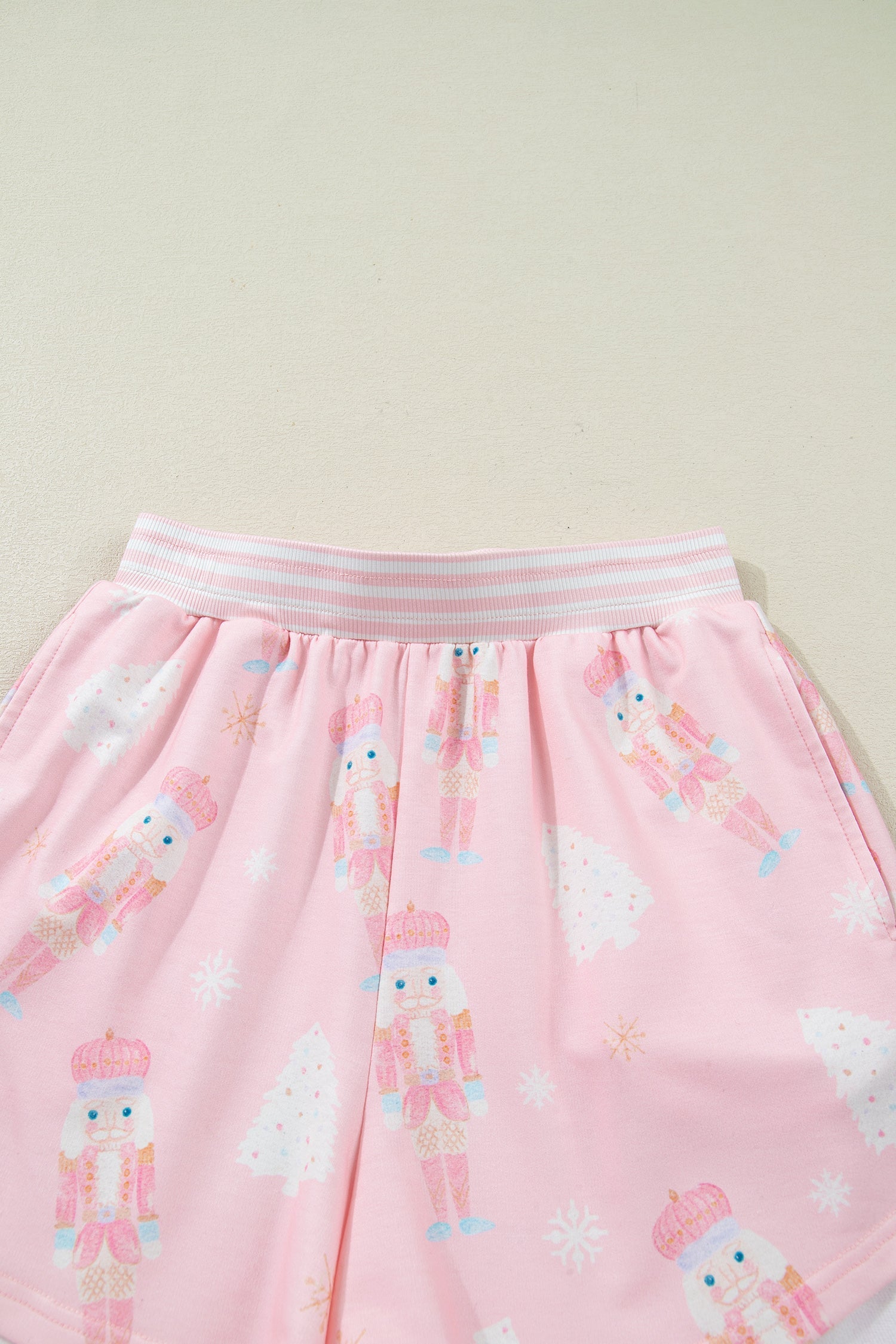 Pink Christmas Tree Nutcracker Doll Print Contrast Trim Long Sleeve Top Matching Shorts Set - Two Piece Sets/Short Sets