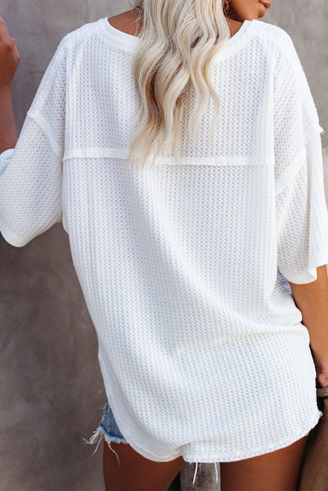 Exposed Seam Half Sleeve Knitted V-Neck Textured Top eAura