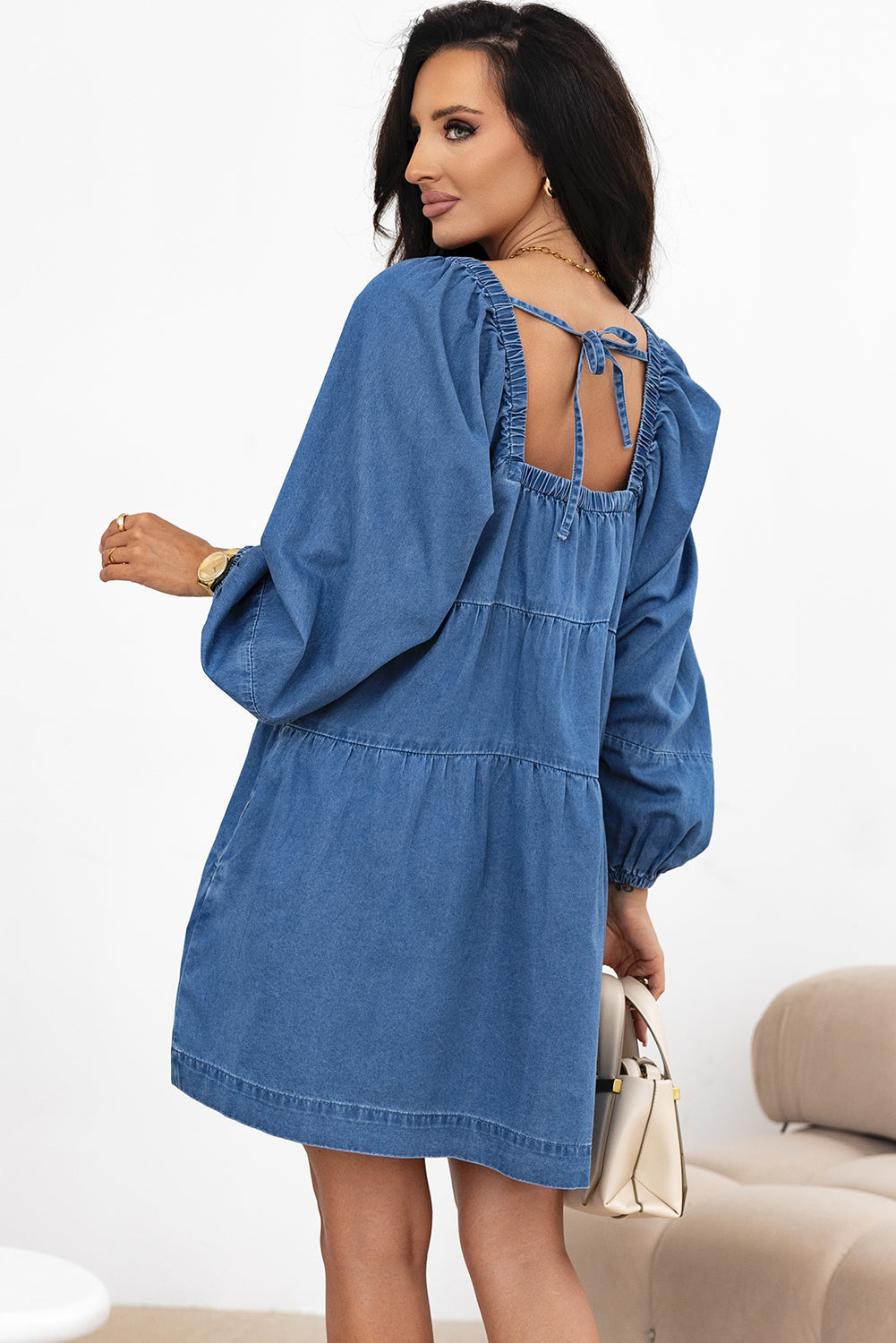 Dusk Blue Square Neck Side Pockets Loose Fit Denim Mini Dress Beagle Boutique Fashion Outlet