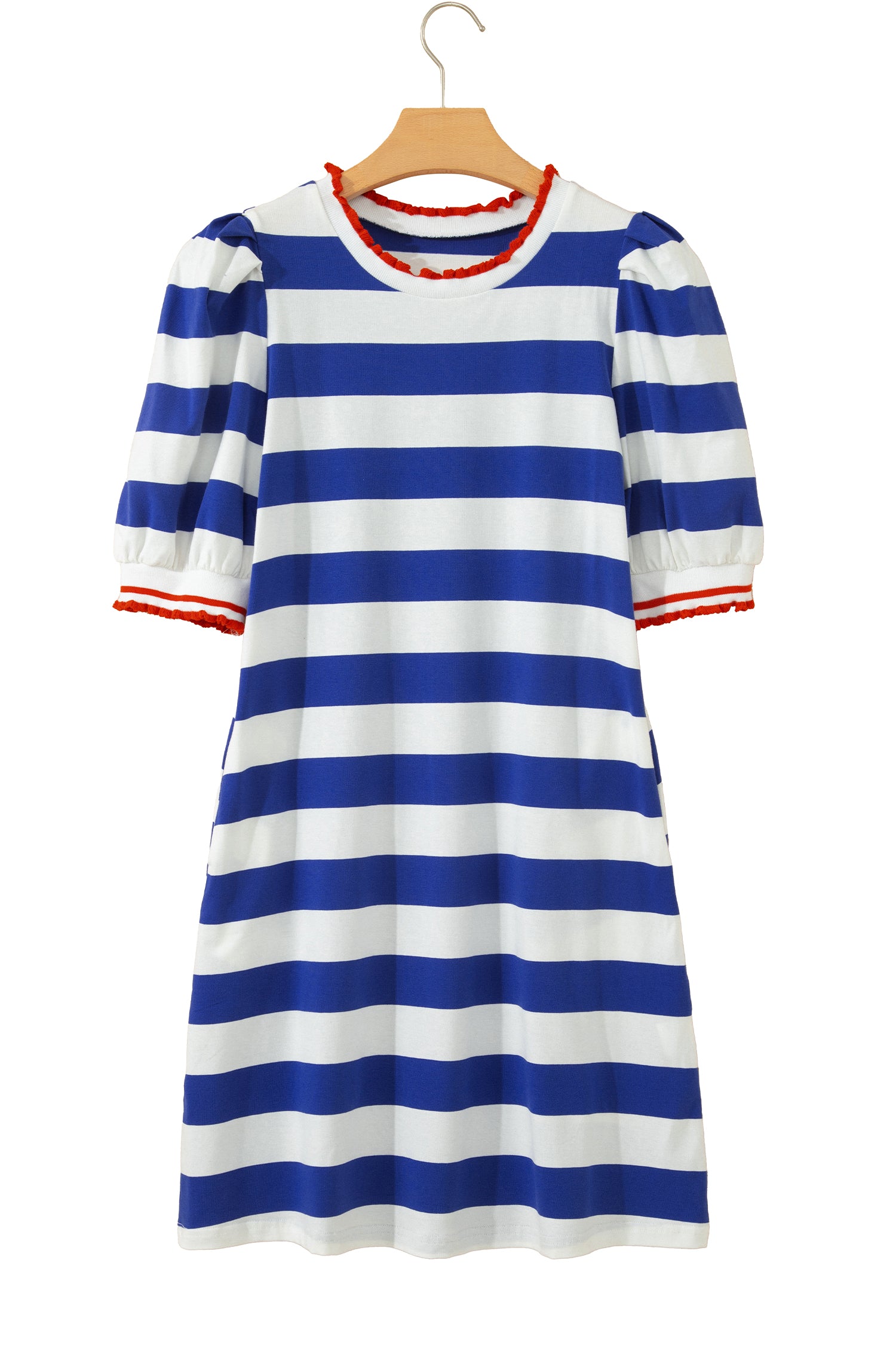 Stripe Contrast Trim Round Neck Short Puff Sleeve Shift Mini Dress