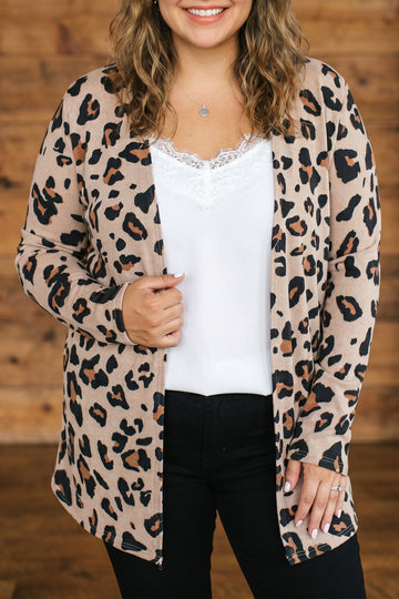 Leopard Print Long Sleeve V Neck Tunic Plus Size Cardigan – Khaki