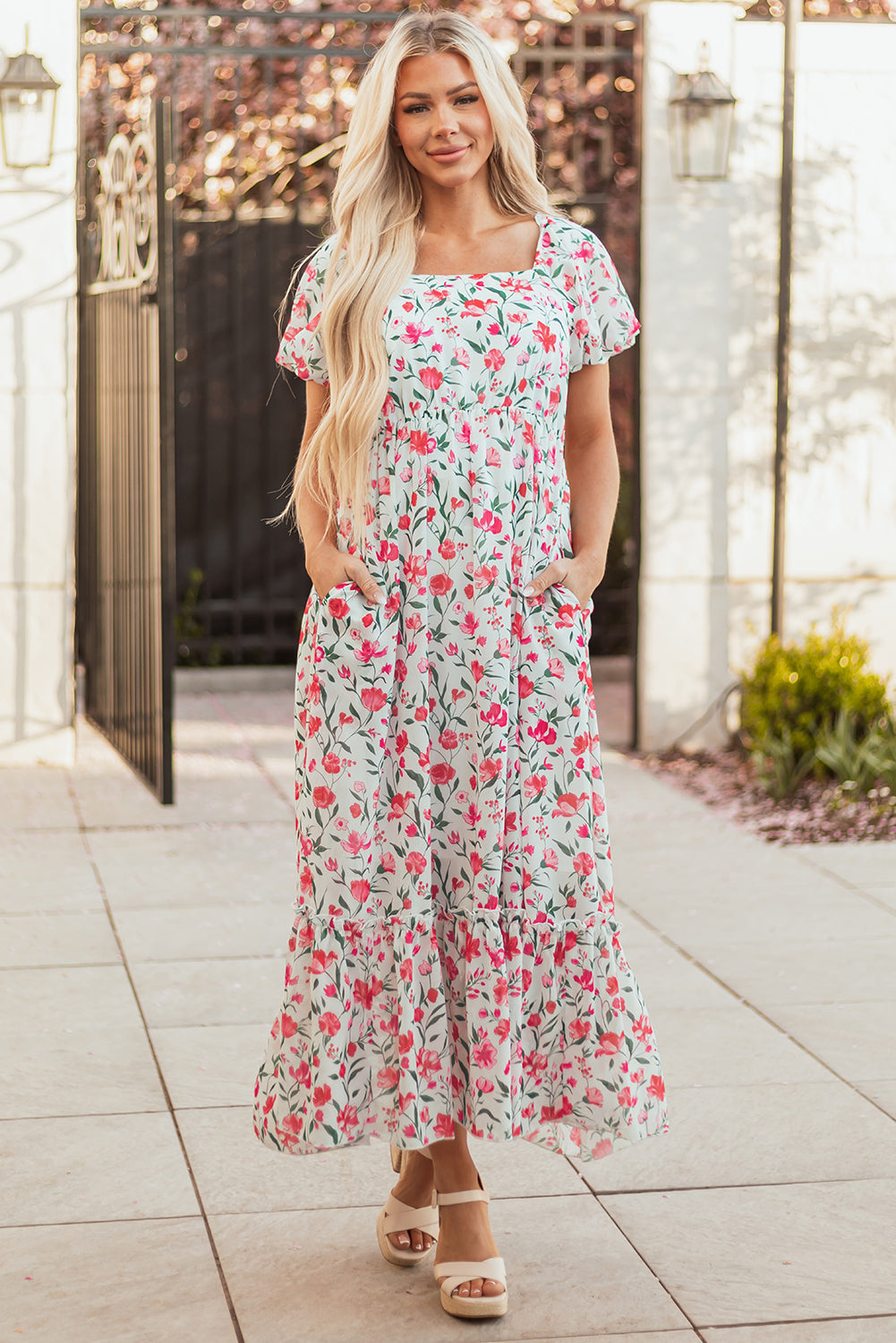 Pink Floral Puff Sleeve Square Neck Empire Waist Tiered Maxi Dress eAura