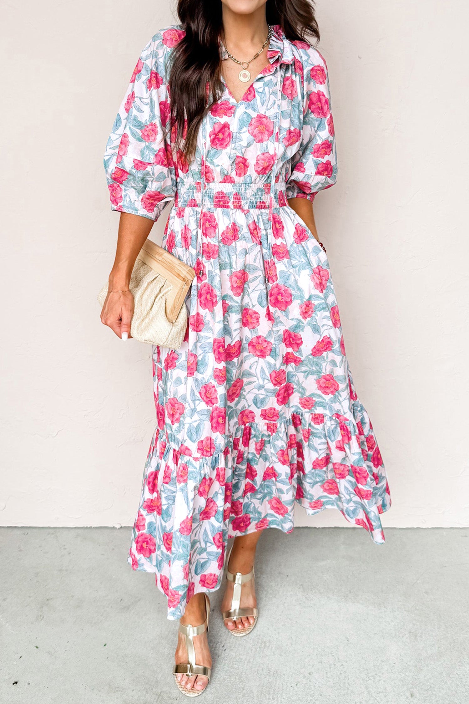 Floral Tie V-Neck Puff Sleeve Ruffle Tiered Midi Dress