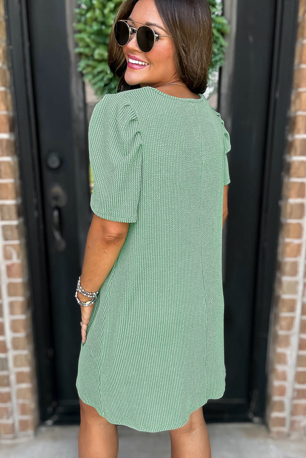 Mint Green Ribbed Knit Crew Neck Puff Sleeve Shift Mini Dress eAura