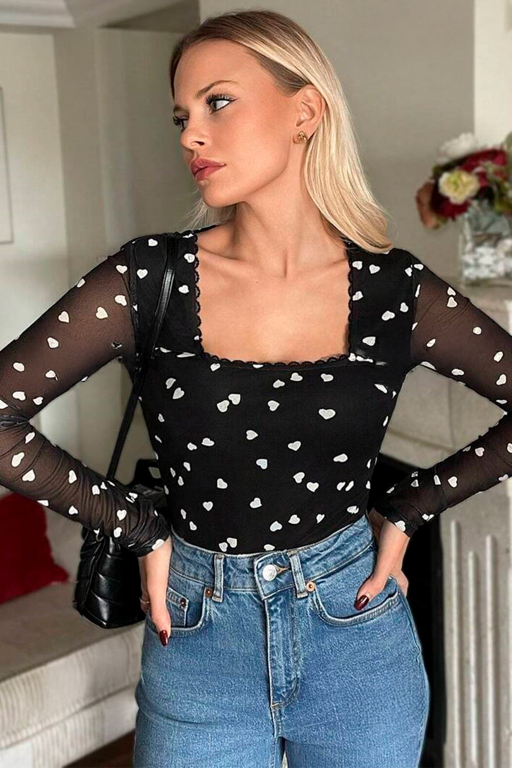 Black Heart Shape Mesh Patchwork Square Neck Bodysuit eAura