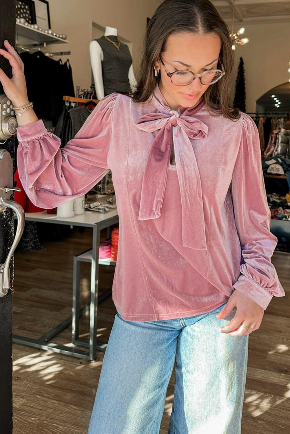 Velvet Ribbon Bow Knot Long Sleeve Blouse - eAura