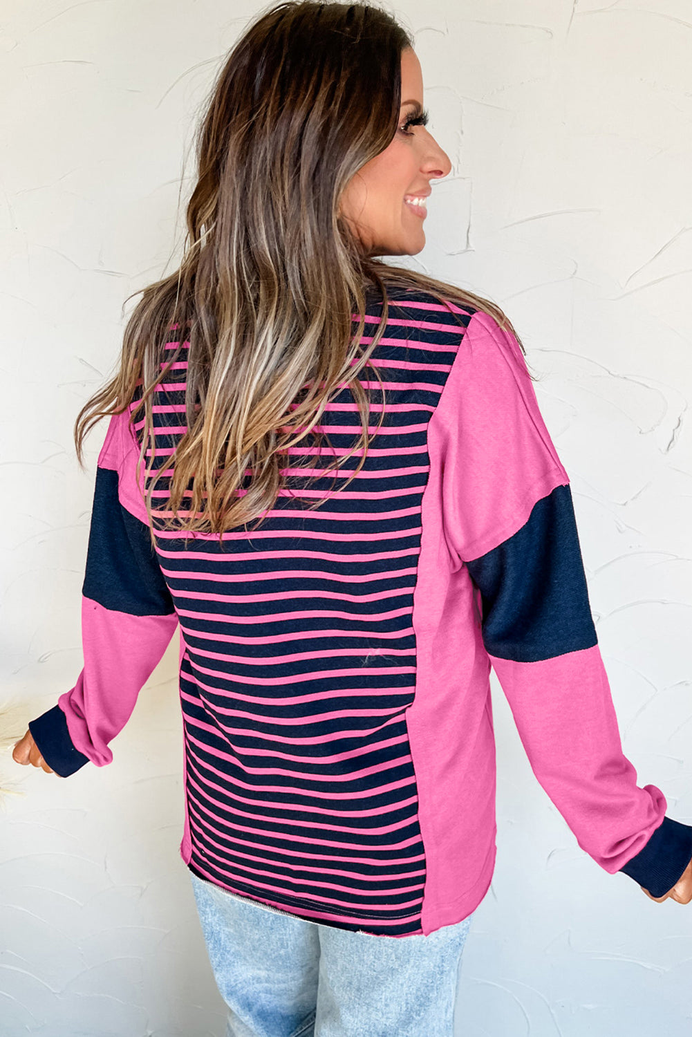 Pink Stripe V-Neck Loose Fit Long Sleeve Top - eAura