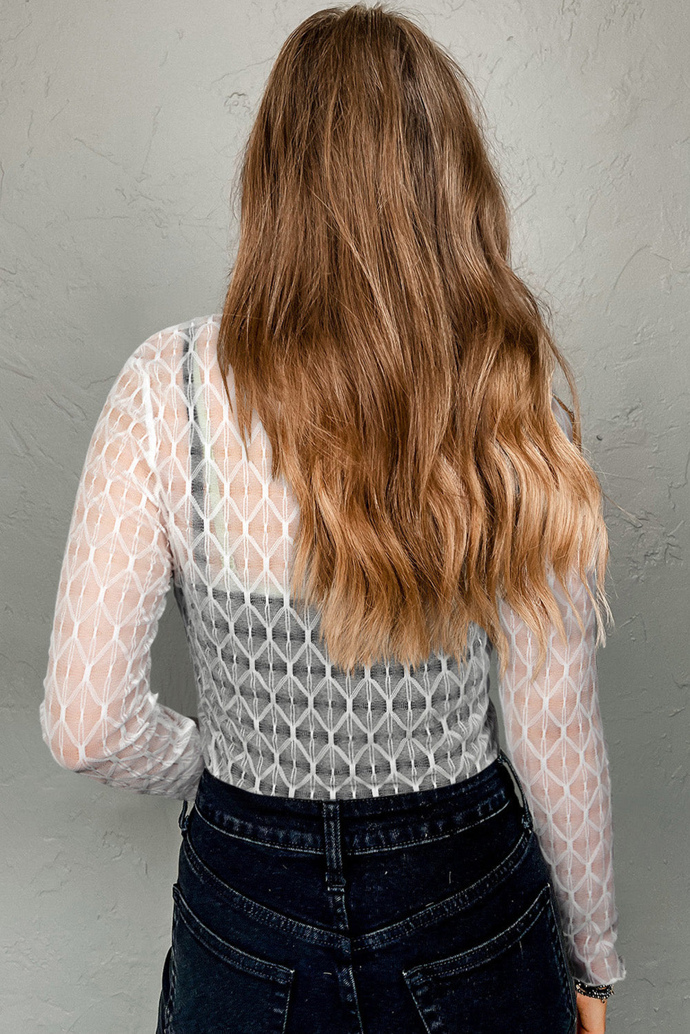 Sheer Mesh Patterned Lettuce Trim Slim Long Sleeve Top eAura