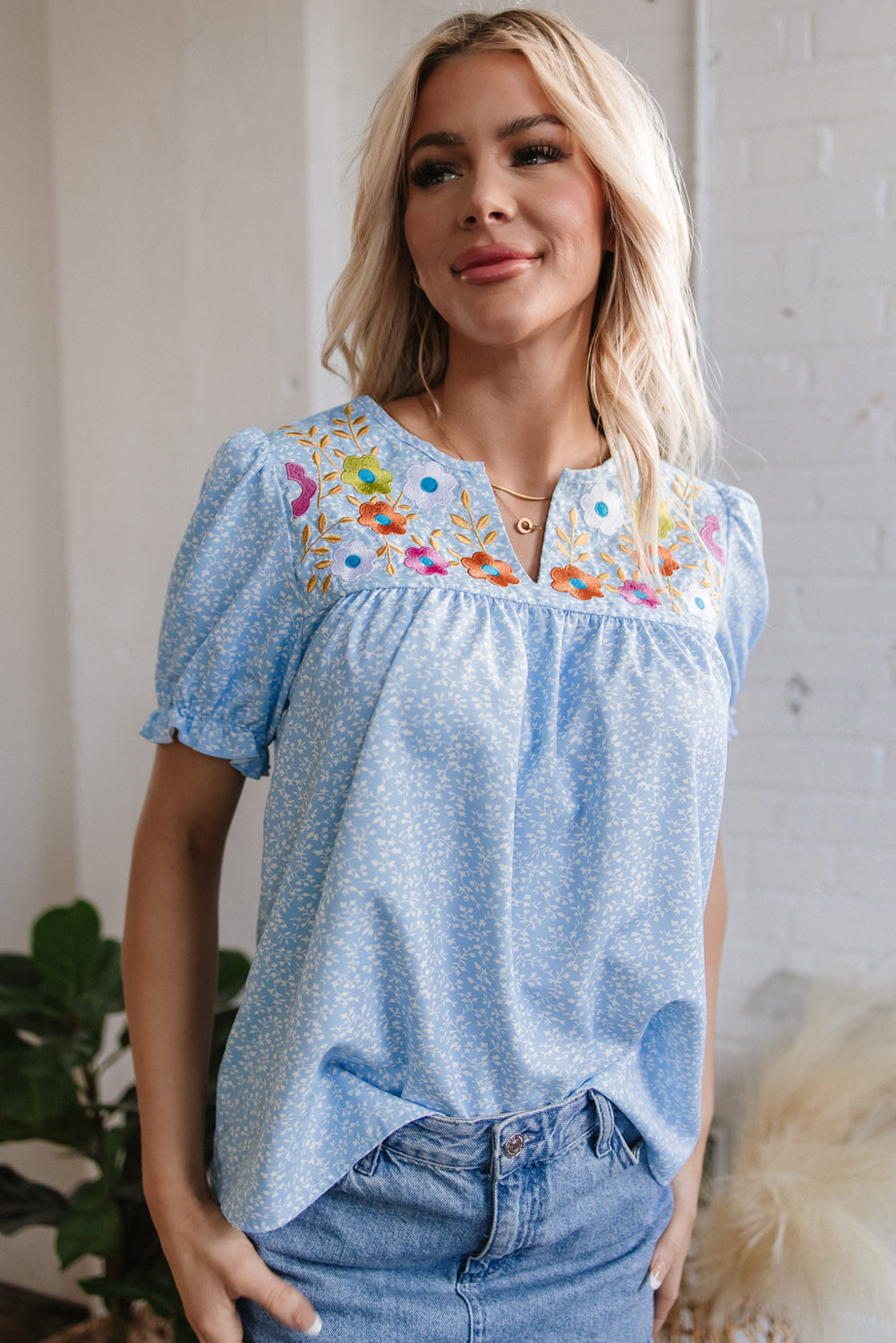 Sky Blue Floral Embroidered Puff Sleeve Notched V Neck Blouse eAura