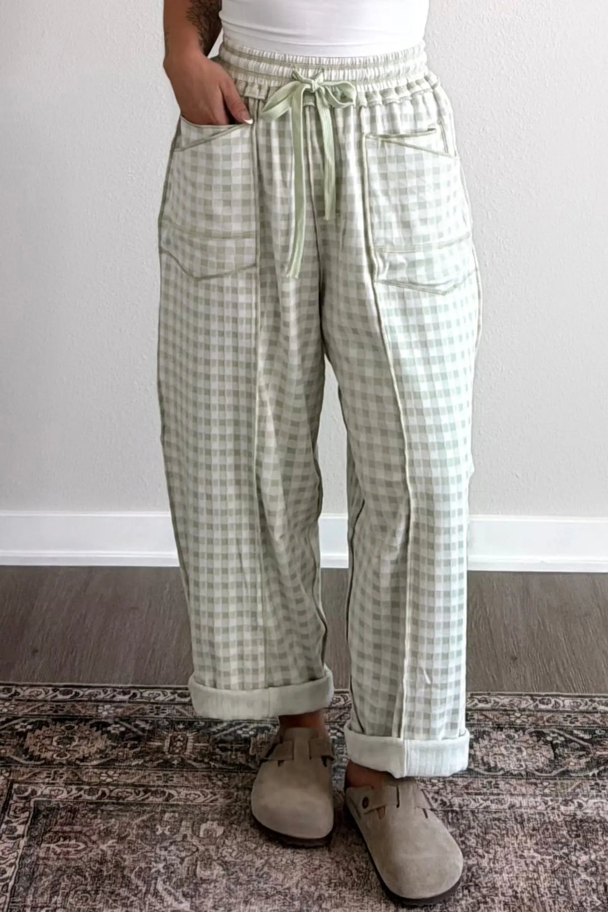 Plaid Contrast Trim Drawstring Elastic Waist Shift Pants – Green