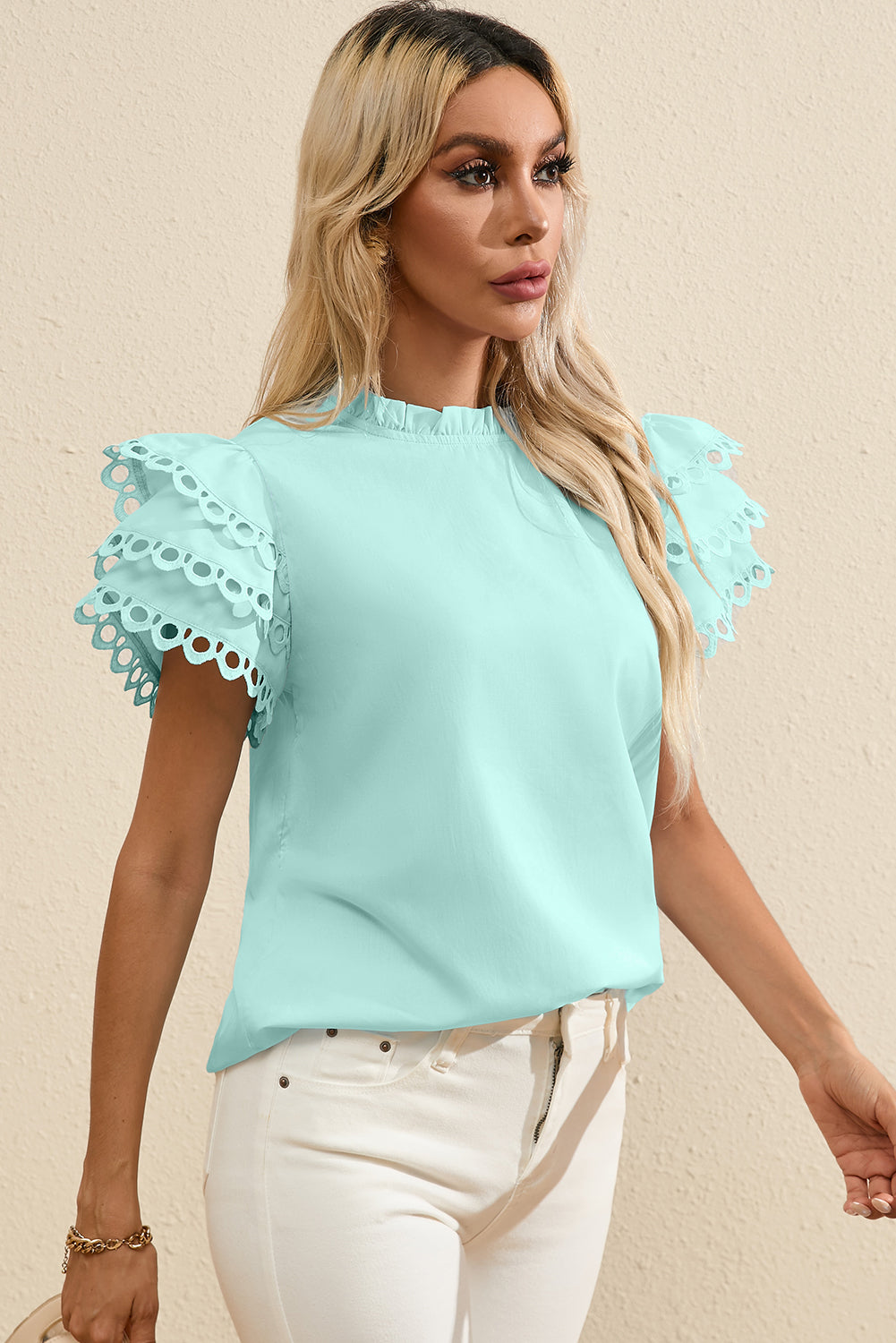 Light Pink Layered Ric Rac Cap Sleeve Frilled Neck Blouse BB Fashion Outlet