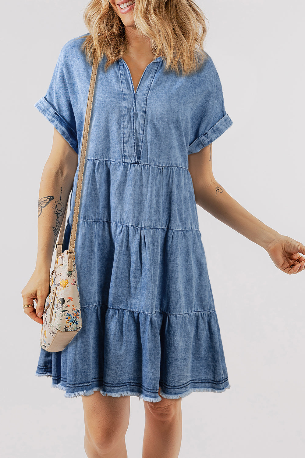Sky Blue Acid Wash V Neck Tiered Denim Dress eAura