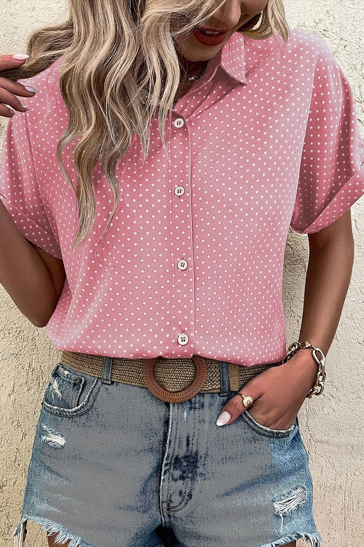 Dotted Print Cuffed Short Sleeve Shirt