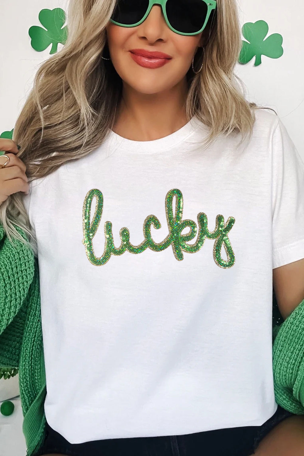 White Sequined Lucky St.Patricks Day Graphic Tee eAura