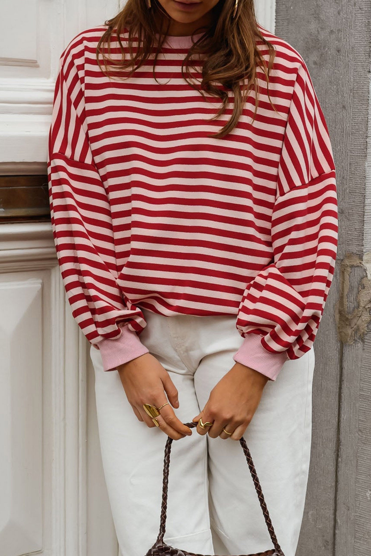 Cutout Open Back Long Sleeve Loose Top – Red Stripe