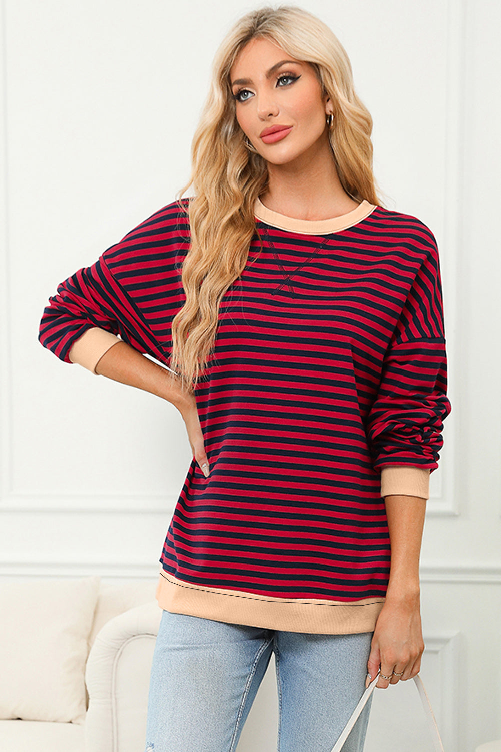 Striped Contrast Ribbed Trim Crossed Stitch Drop Shoulder Sweatshirt - eAura