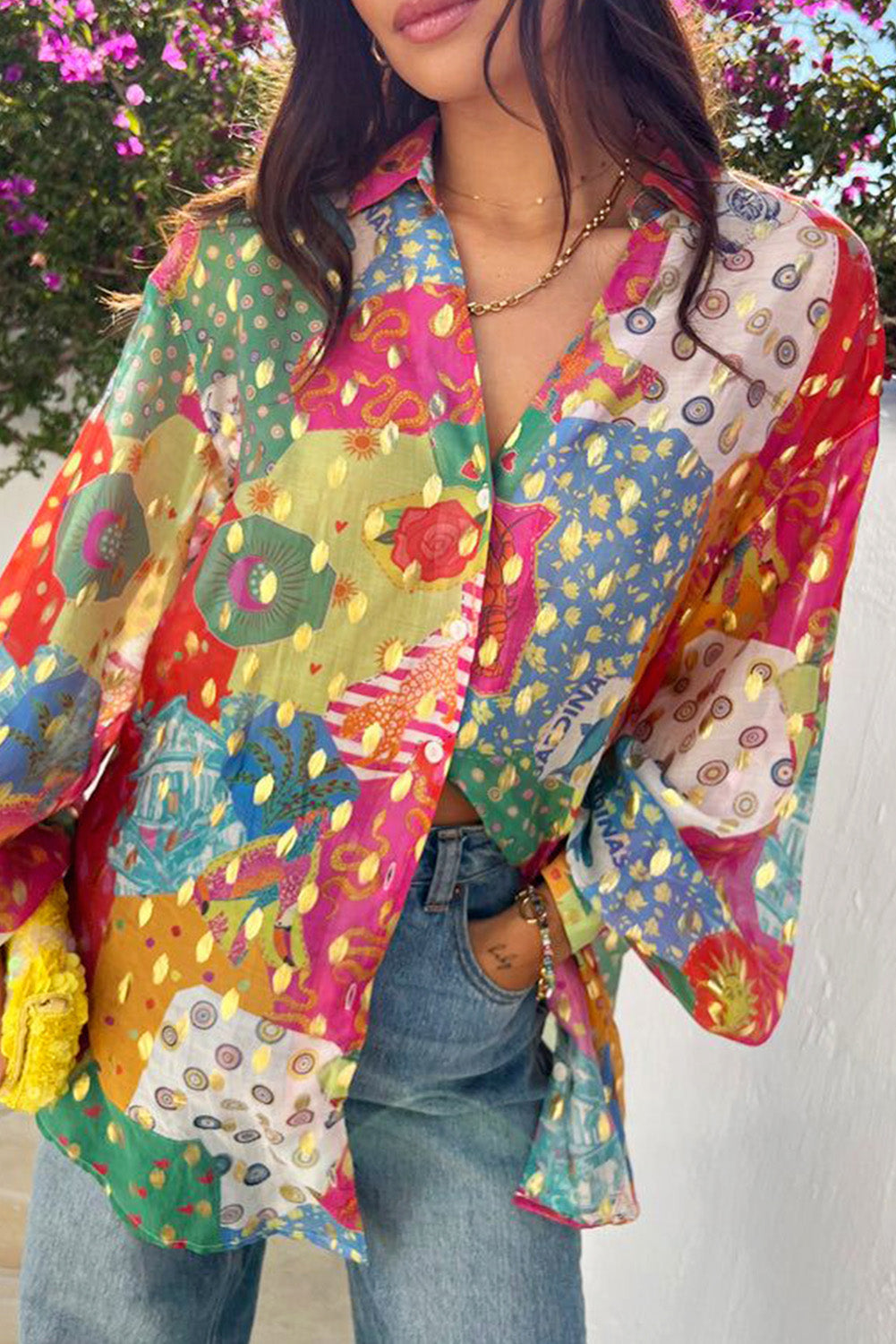 Rose Red Colourblock Abstract Print Button up Loose Shirt Beagle Boutique Fashion Outlet