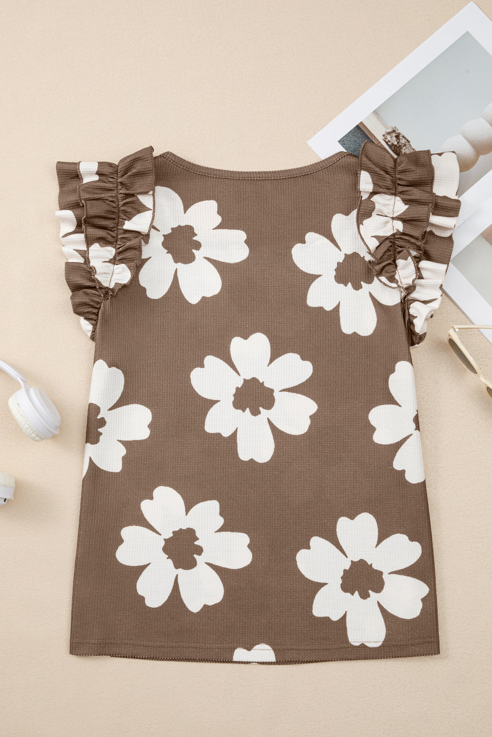 Floral Textured Ruffled Short Sleeve Square Neck Blouse eAura