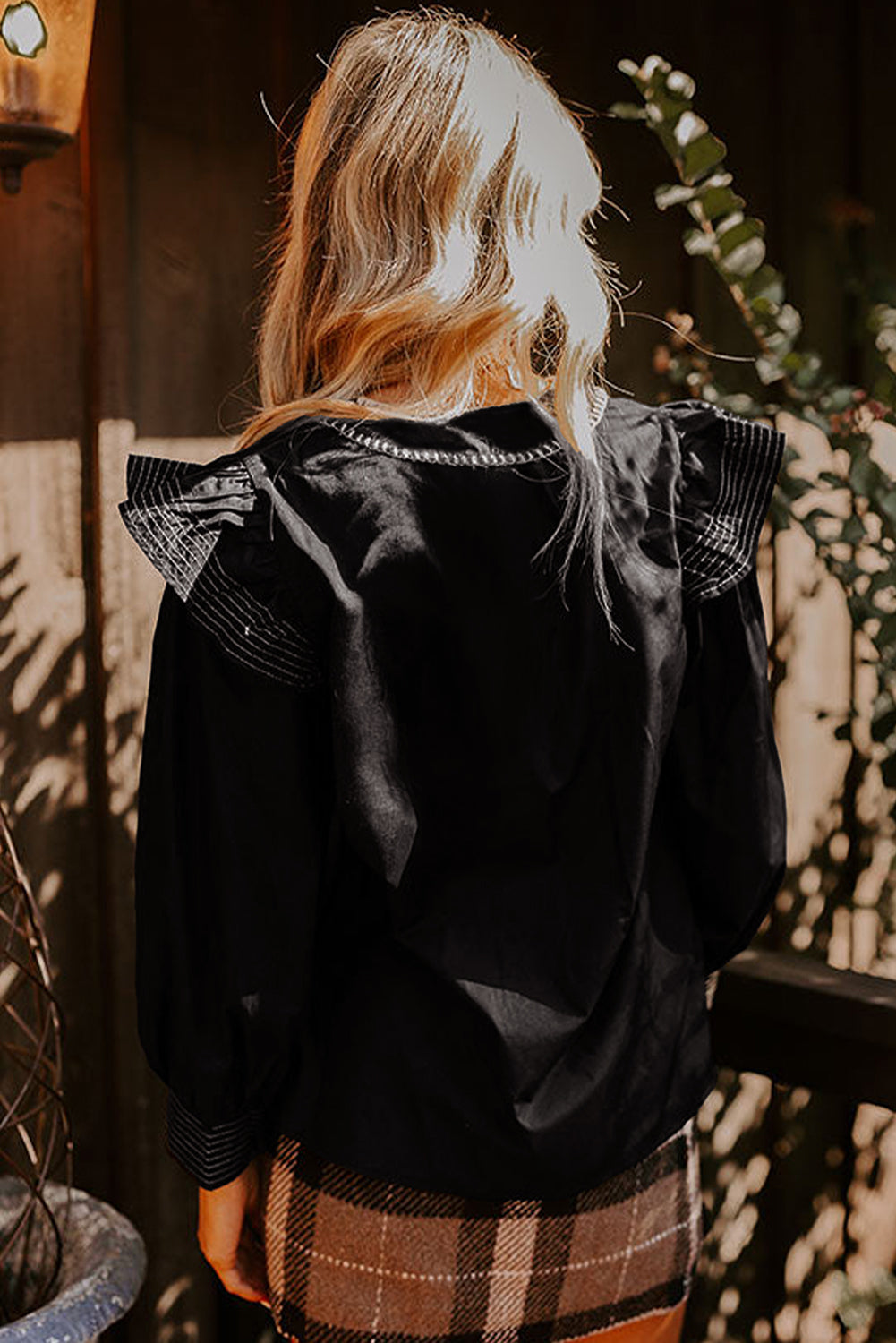 Black Contrast Stitched Detail V Neck Ruffle Long Sleeve Blouse eAura