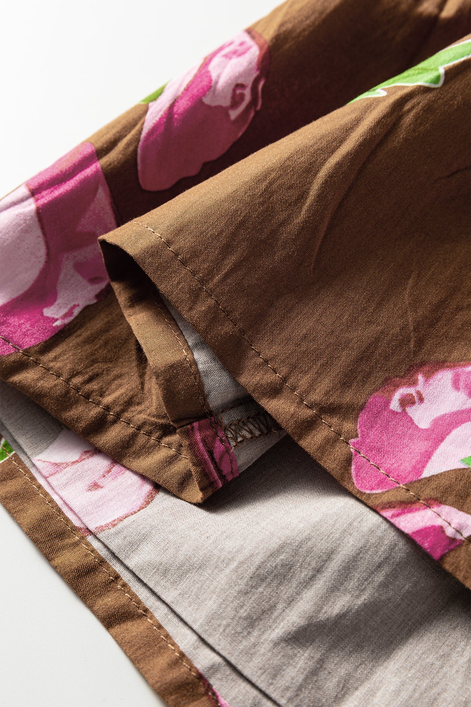 Brown Contrast Floral Print Babydoll Tunic Ruffled Hem Puff Sleeve Dress - Dresses/Floral Dresses