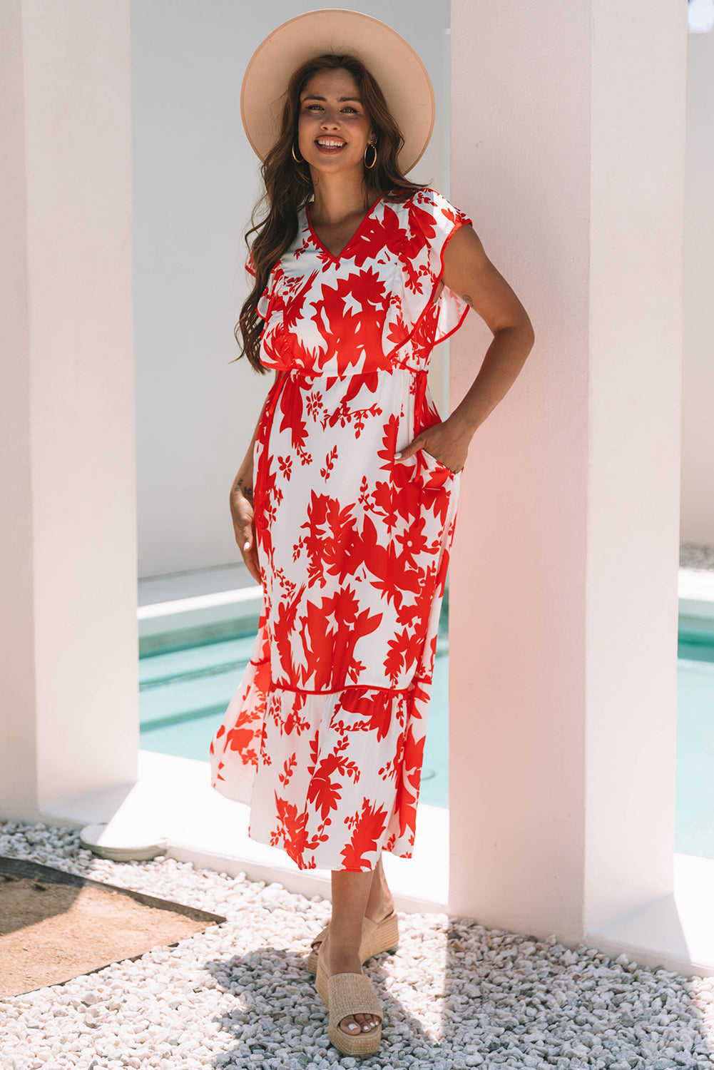 Red Floral Print Trimmed V-Neck Ruffle Sleeve Long Dress eAura