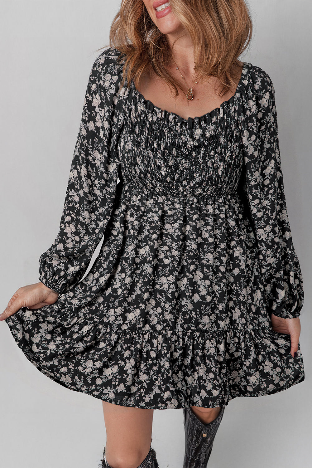 Black Floral Long Sleeve Frilly Shirred Square Neck Mini Dress - eAura