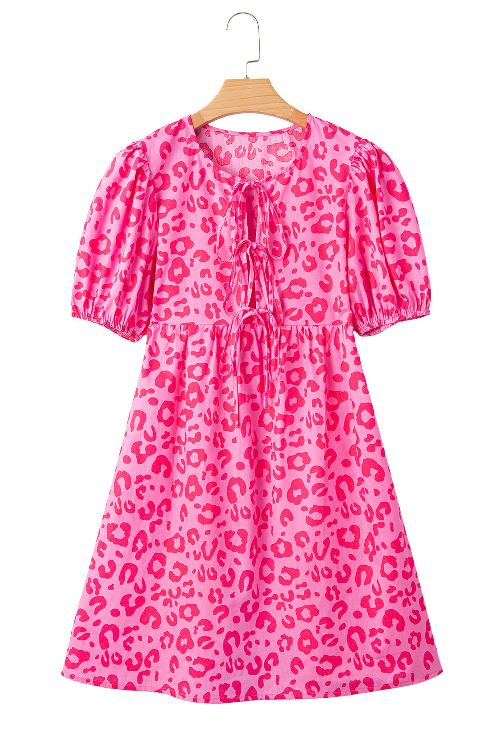 Rose Leopard Puff Sleeve Tie Front High Waist Mini Dress eAura