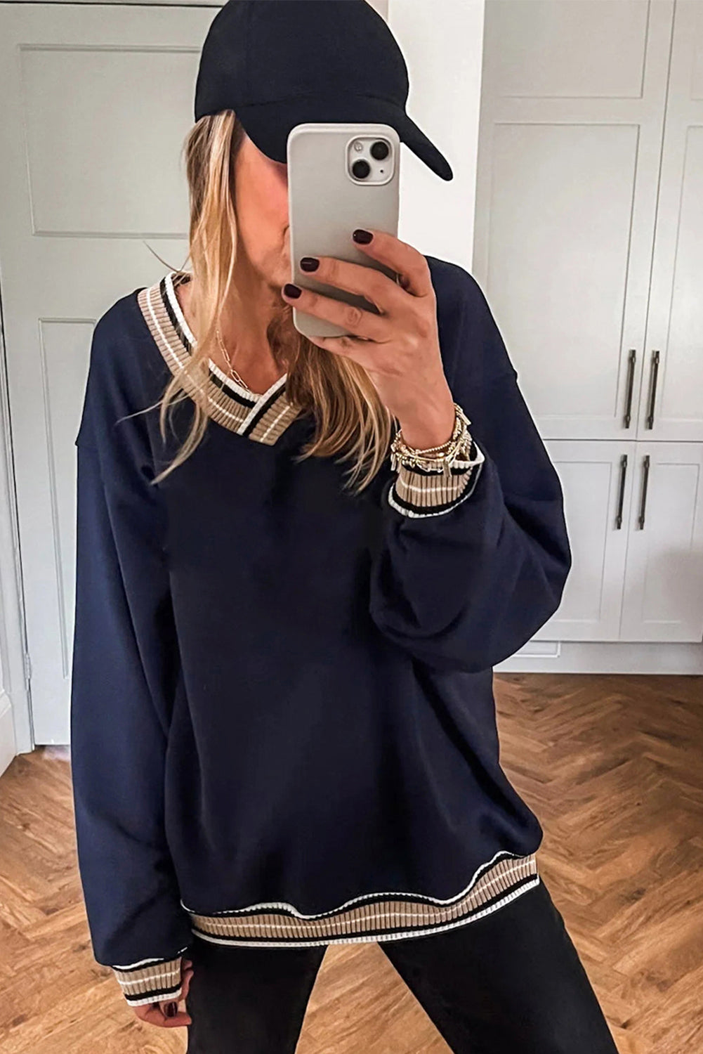 Varsity Contrast Trim V-Neck Sweatshirt - Tops/Sweatshirts & Hoodies