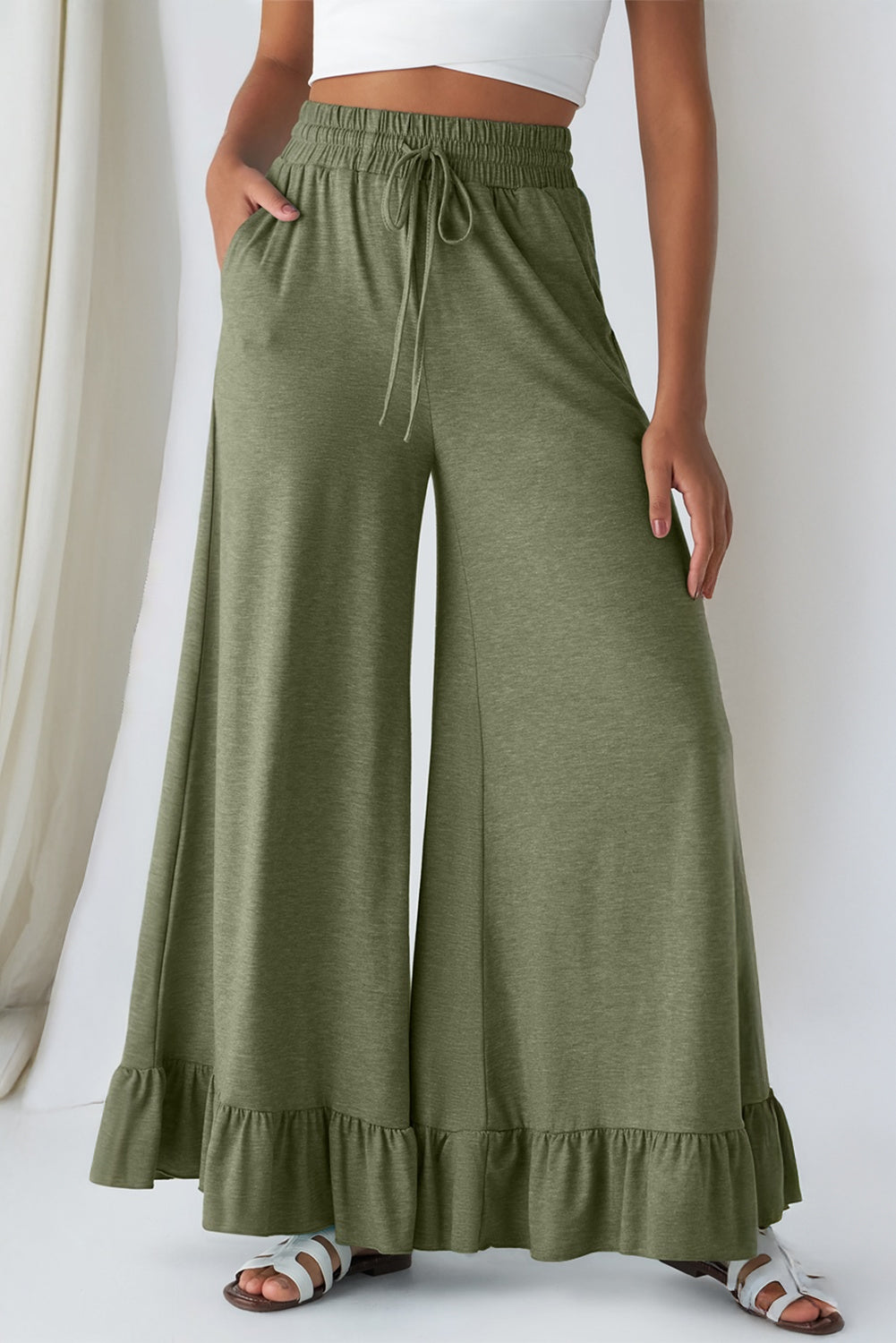 Ruffled Wide Leg Pull On High Waist Trousers with Pockets - Bottoms/Wide