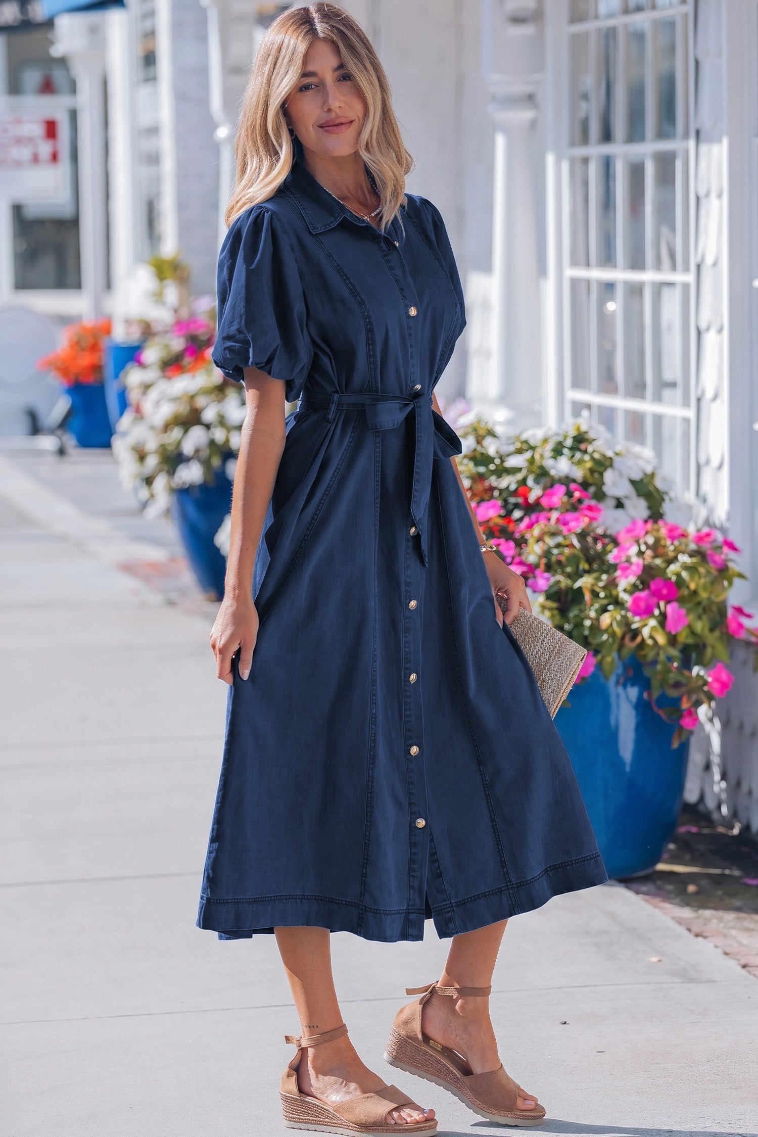 Full Button Collared Bubble Sleeve Long Denim Dress