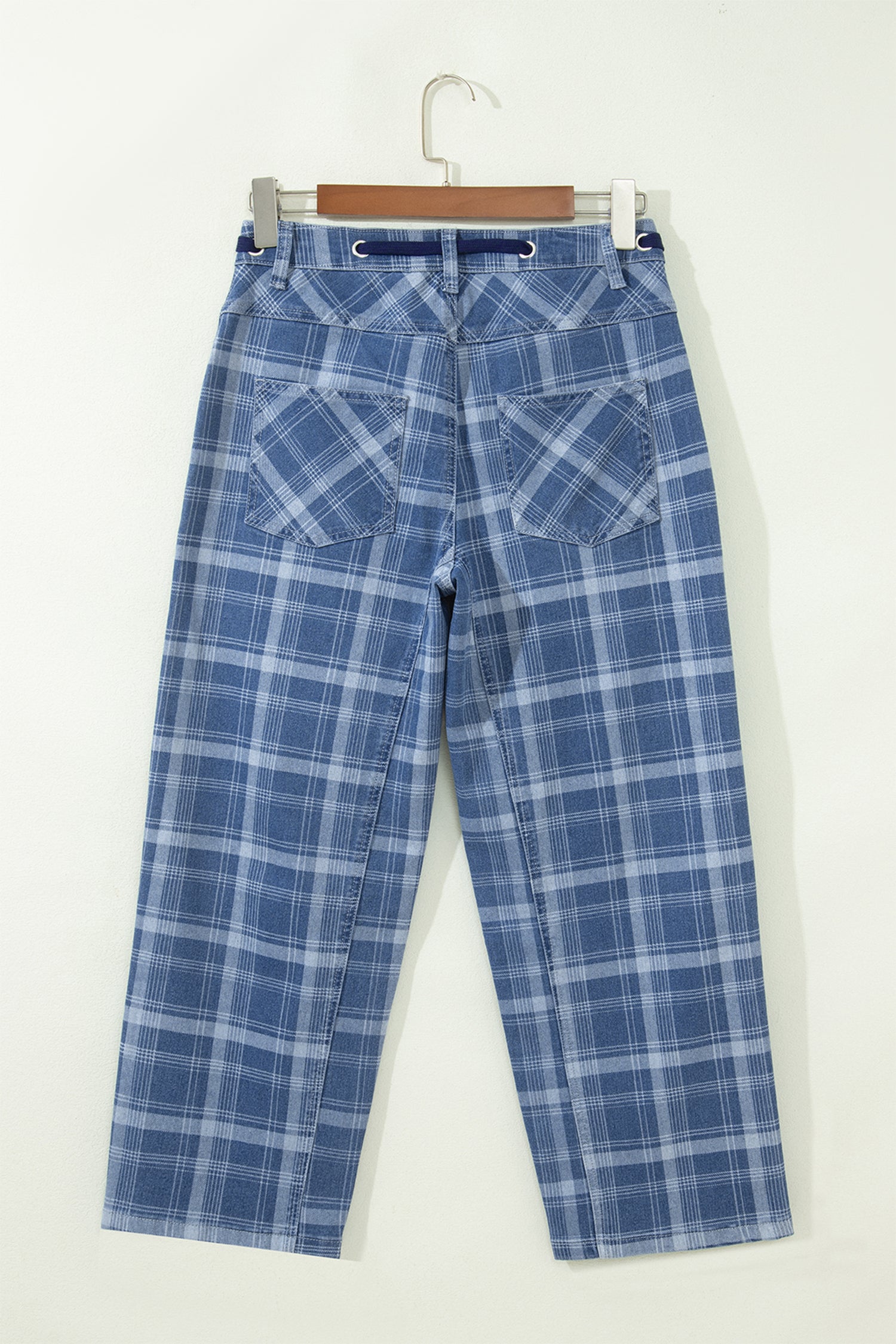 Sky Blue Plaid Denim Grommet Drawstring Waist Ankle-Length Jeans – Light Blue