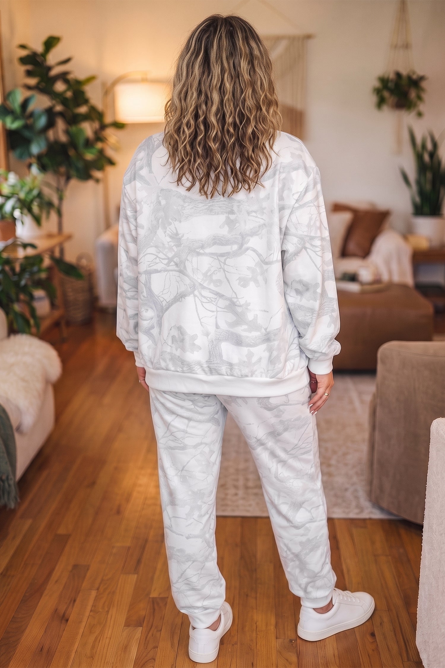 Camouflage Print Stand Neck Long Sleeve Regular Fit Plus Size Set – Gray