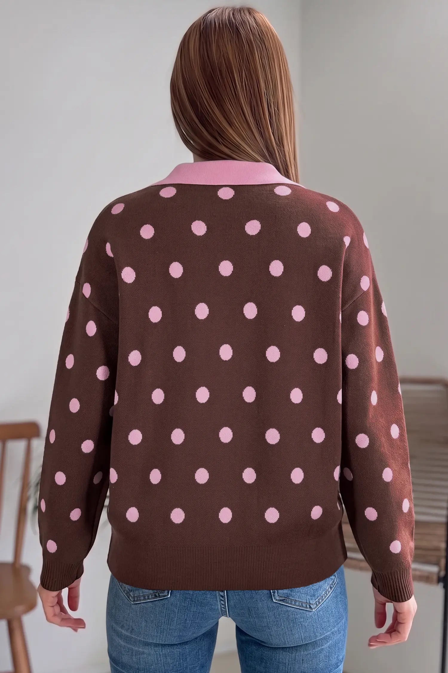 Polka Dot Pattern Color Block Collared Loose Pullover Sweater – Pink